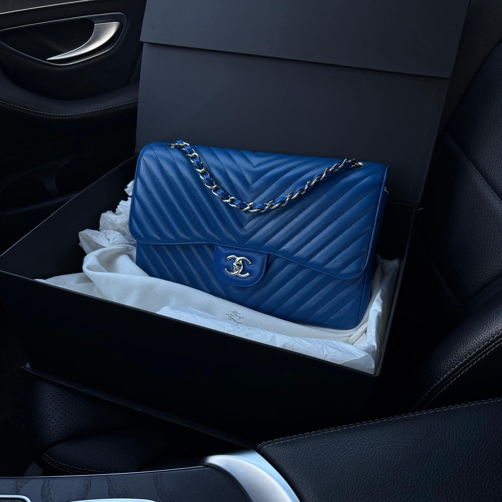 Chanel Jumbo Chevron Double Flap Bag Royal Blue Caviar SHW