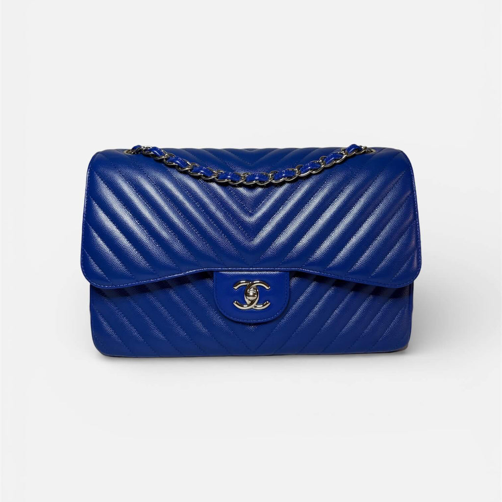 Chanel Jumbo Chevron Double Flap Bag Royal Blue Caviar SHW