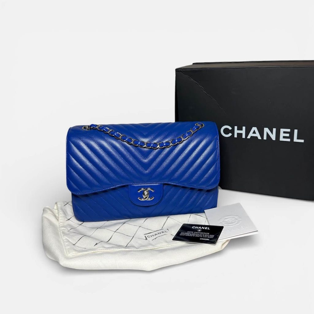 Chanel Jumbo Chevron Double Flap Bag Royal Blue Caviar SHW