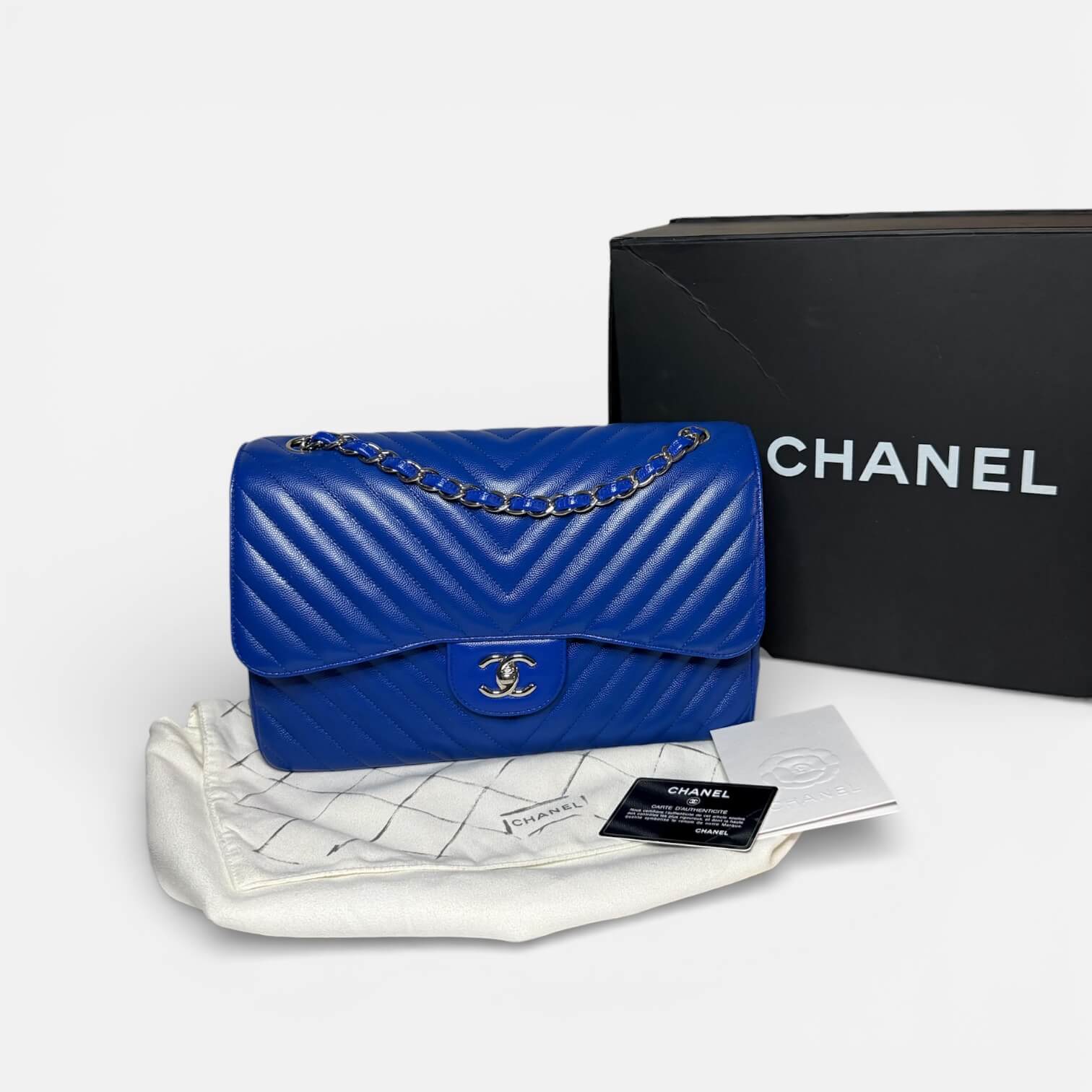 Chanel Jumbo Chevron Double Flap Bag Royal Blue Caviar SHW