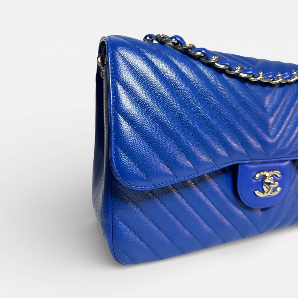 Chanel Jumbo Chevron Double Flap Bag Royal Blue Caviar SHW