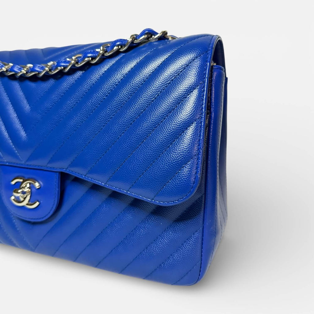 Chanel Jumbo Chevron Double Flap Bag Royal Blue Caviar SHW